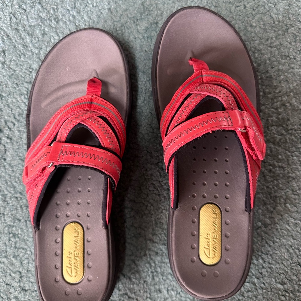 Clarks Red and Brown Sandals Comfortable Slip-On Design
